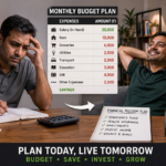 “A middle class Indian man planning monthly expenses with calculator, notebook, and low salary budget chart, realistic style, financial stress to financial freedom transformation, modern Indian home”