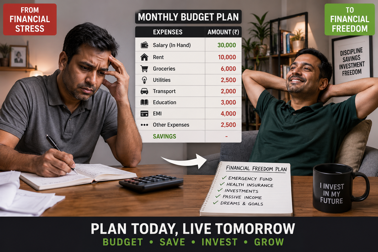 “A middle class Indian man planning monthly expenses with calculator, notebook, and low salary budget chart, realistic style, financial stress to financial freedom transformation, modern Indian home”