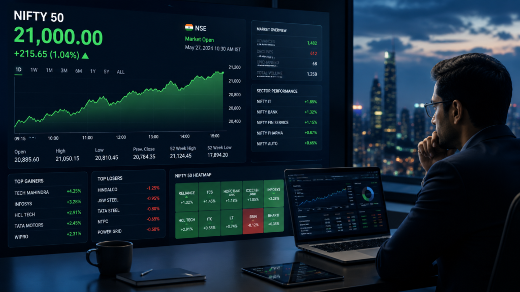 Market analysis at dusk in a modern office